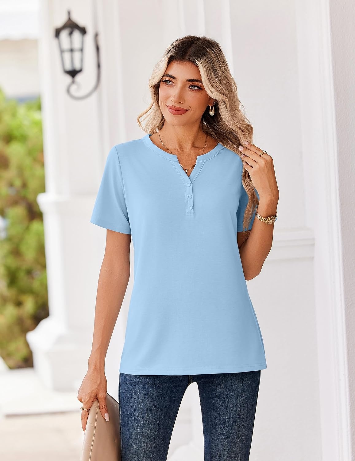 image:imageZeagoo Womens Summer Tops V Neck Short Sleeve Shirts Dressy Casual BlouseLight Blue