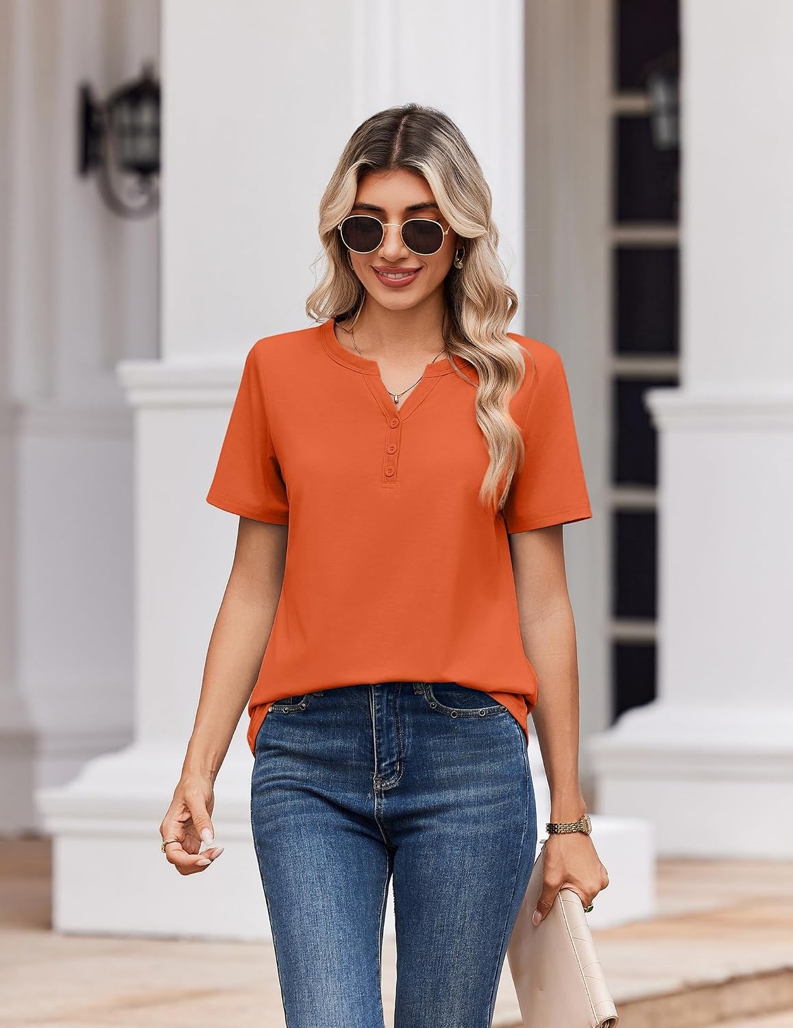 image:imageZeagoo Womens Summer Tops V Neck Short Sleeve Shirts Dressy Casual BlouseOrange