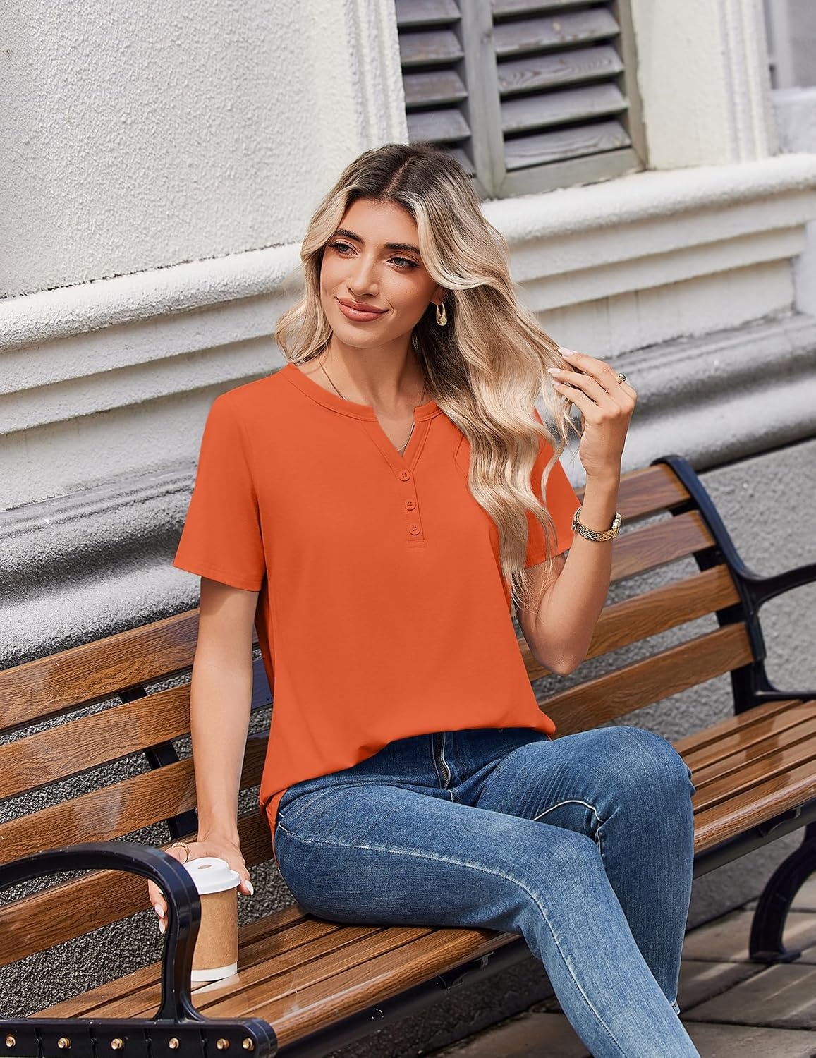 image:imageZeagoo Womens Summer Tops V Neck Short Sleeve Shirts Dressy Casual BlouseOrange