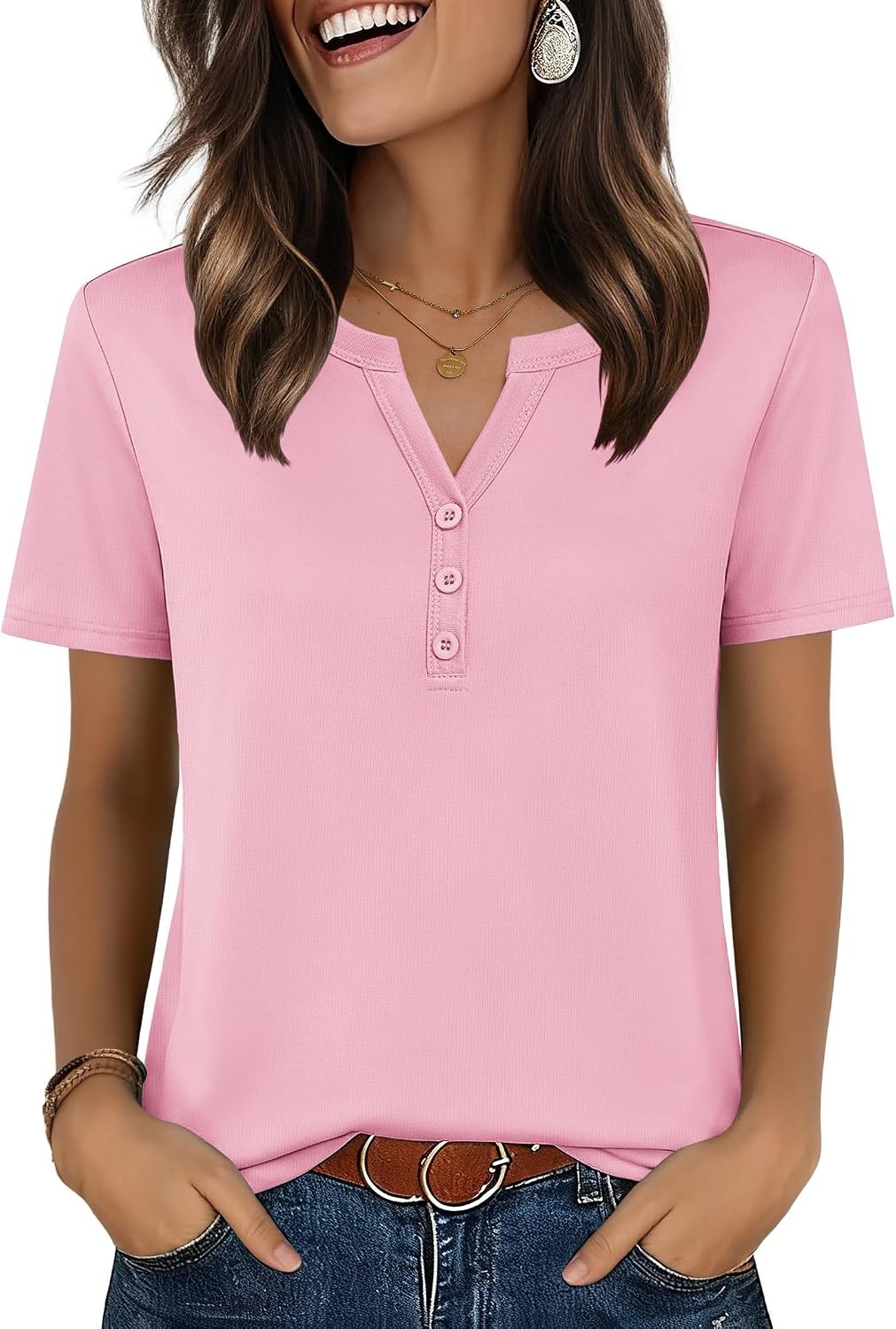 image:imageZeagoo Womens Summer Tops V Neck Short Sleeve Shirts Dressy Casual BlousePink