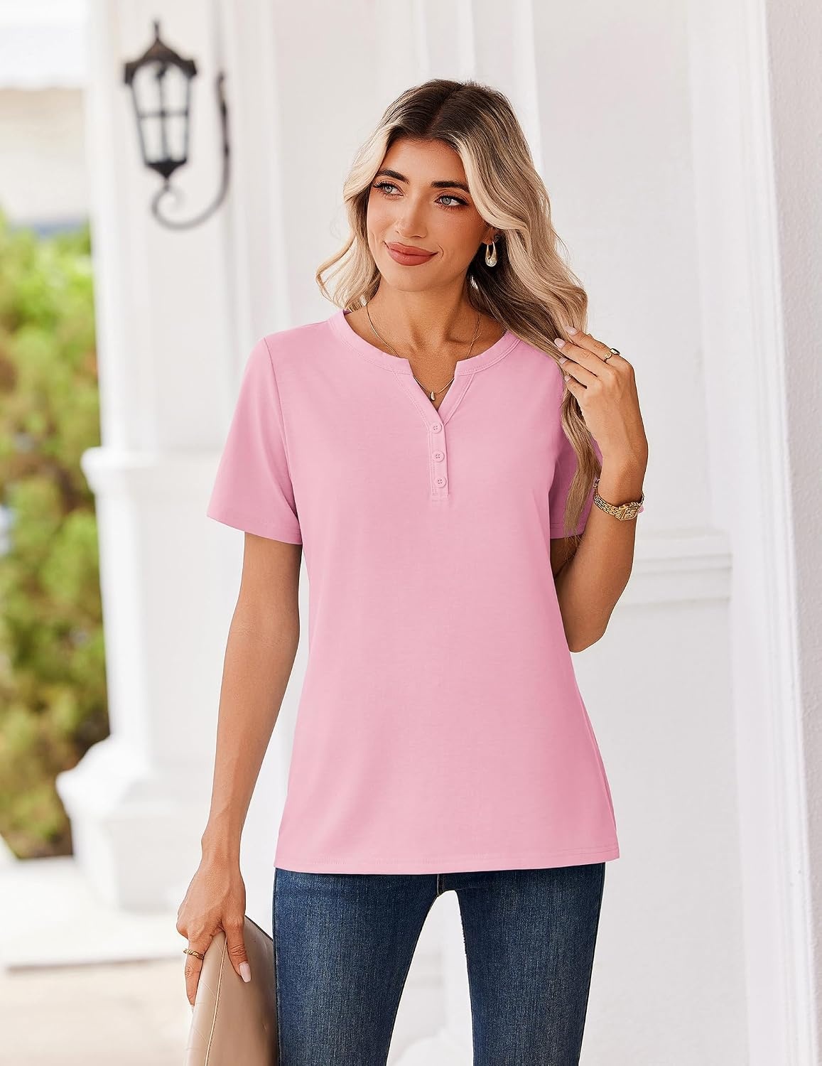image:imageZeagoo Womens Summer Tops V Neck Short Sleeve Shirts Dressy Casual BlousePink