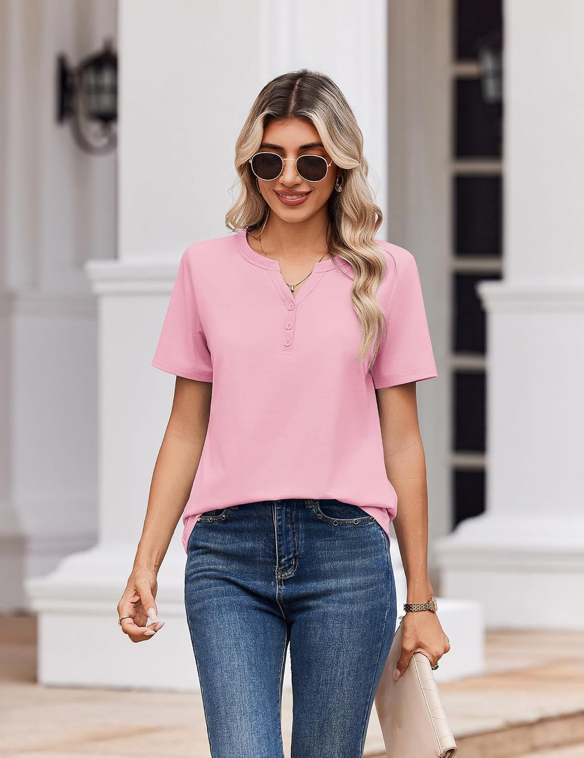 image:imageZeagoo Womens Summer Tops V Neck Short Sleeve Shirts Dressy Casual BlousePink