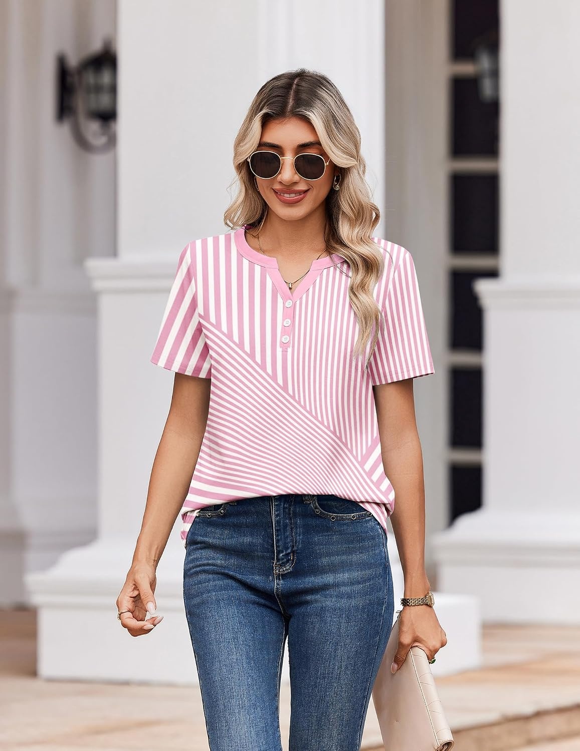 image:imageZeagoo Womens Summer Tops V Neck Short Sleeve Shirts Dressy Casual BlousePink Stripes