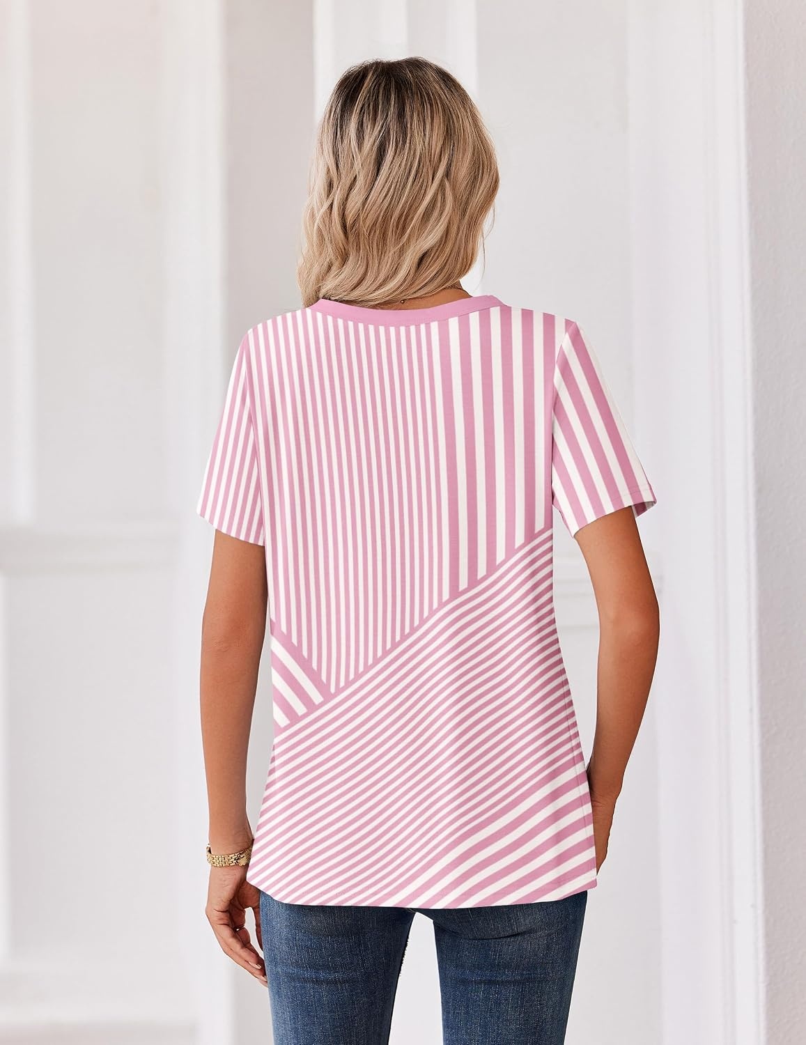 image:imageZeagoo Womens Summer Tops V Neck Short Sleeve Shirts Dressy Casual BlousePink Stripes