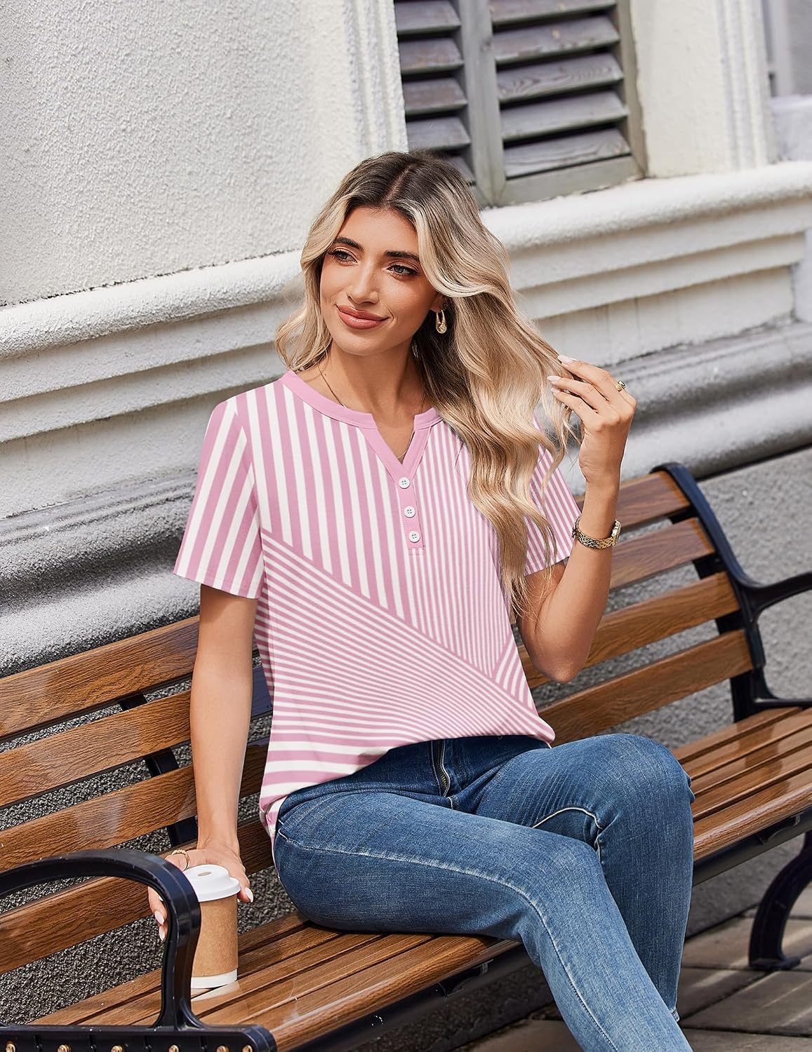 image:imageZeagoo Womens Summer Tops V Neck Short Sleeve Shirts Dressy Casual BlousePink Stripes