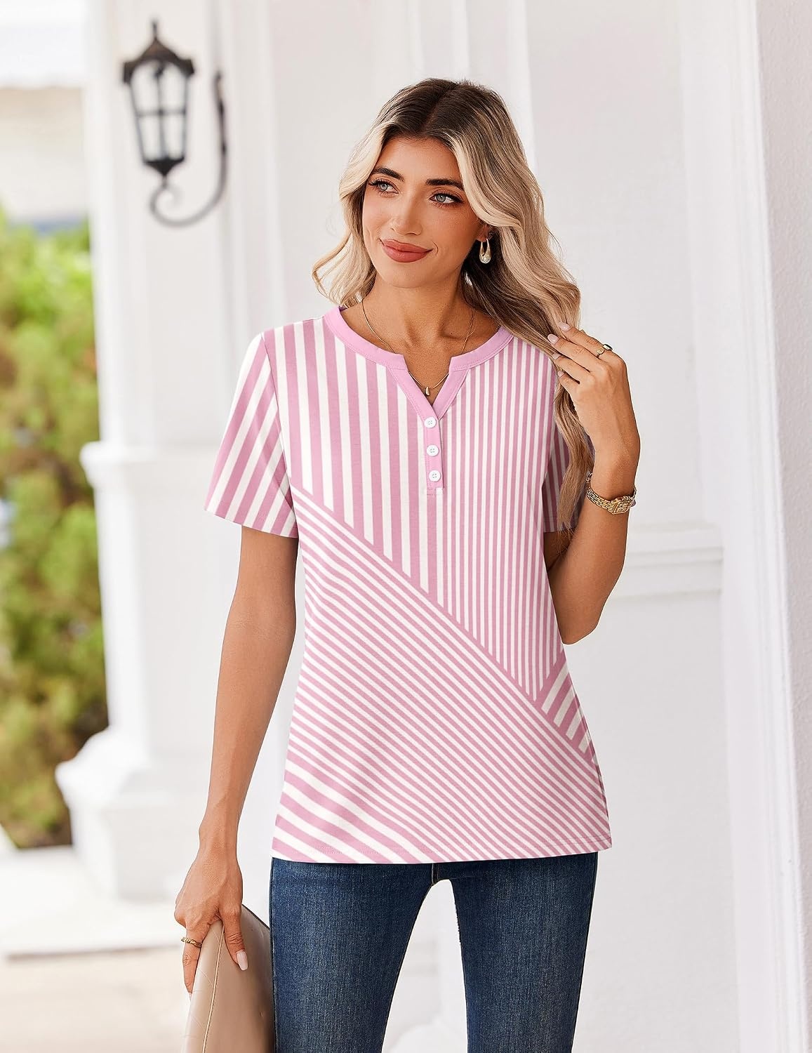image:imageZeagoo Womens Summer Tops V Neck Short Sleeve Shirts Dressy Casual BlousePink Stripes