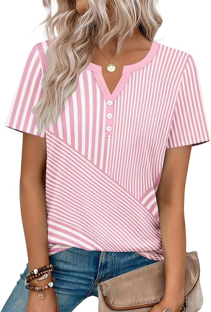 image:imageZeagoo Womens Summer Tops V Neck Short Sleeve Shirts Dressy Casual BlousePink Stripes