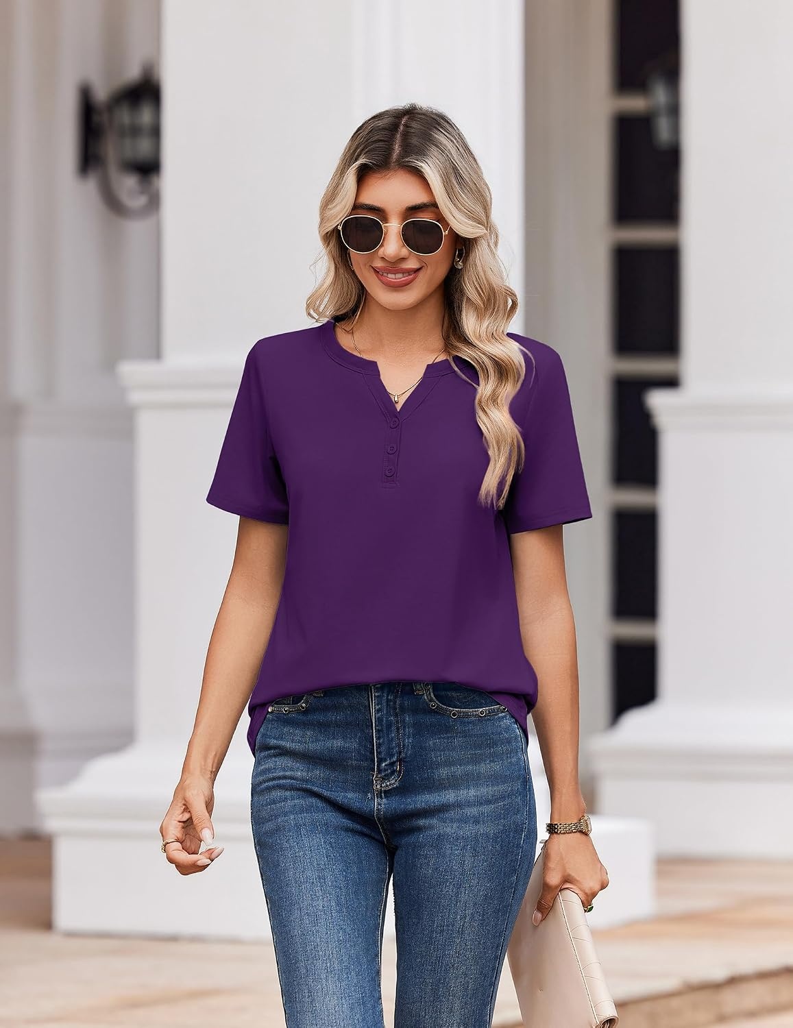 image:imageZeagoo Womens Summer Tops V Neck Short Sleeve Shirts Dressy Casual BlousePurple