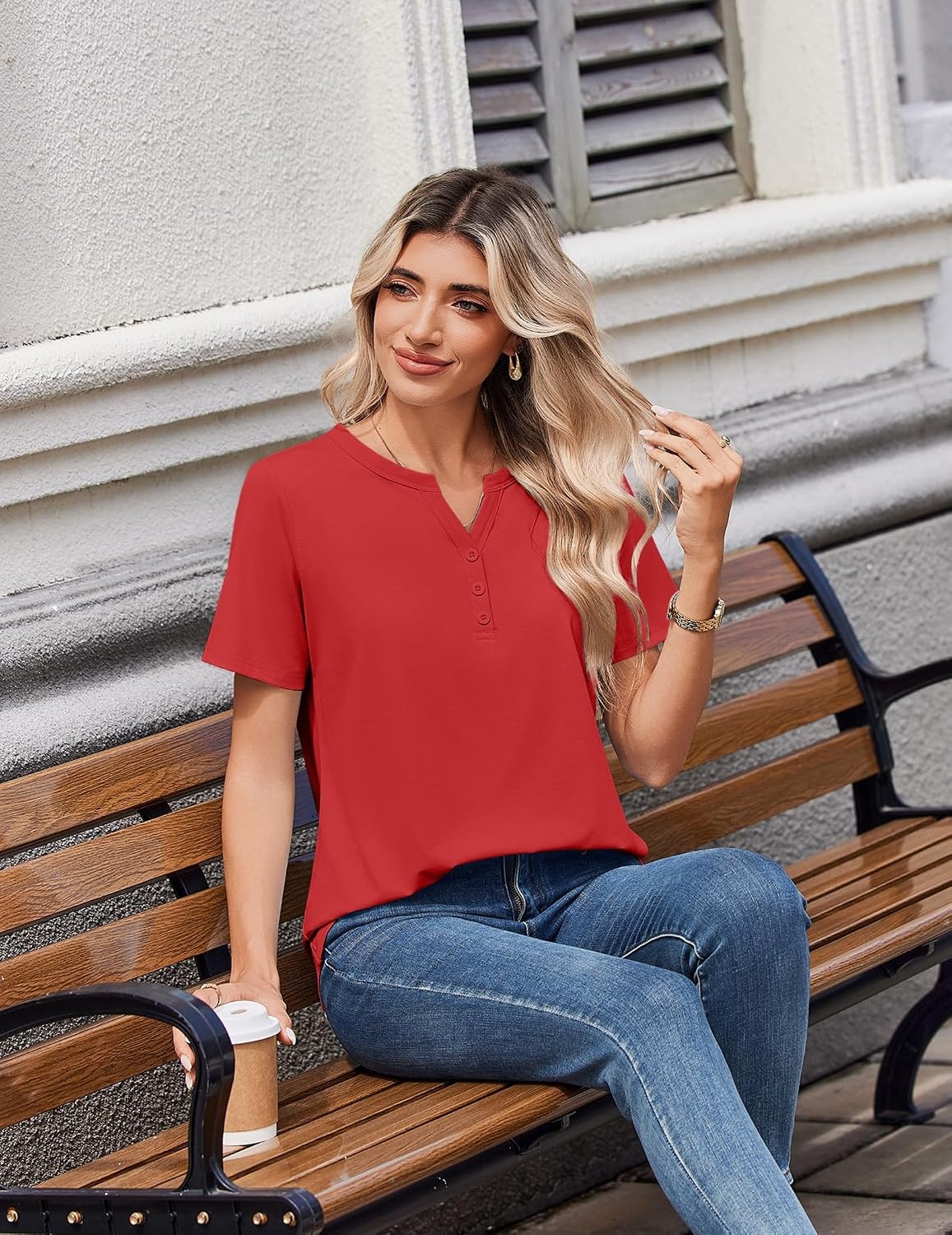 image:imageZeagoo Womens Summer Tops V Neck Short Sleeve Shirts Dressy Casual BlouseRed