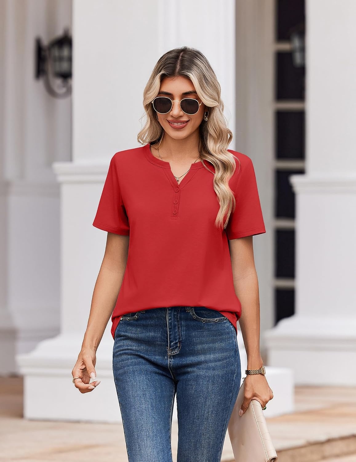 image:imageZeagoo Womens Summer Tops V Neck Short Sleeve Shirts Dressy Casual BlouseRed