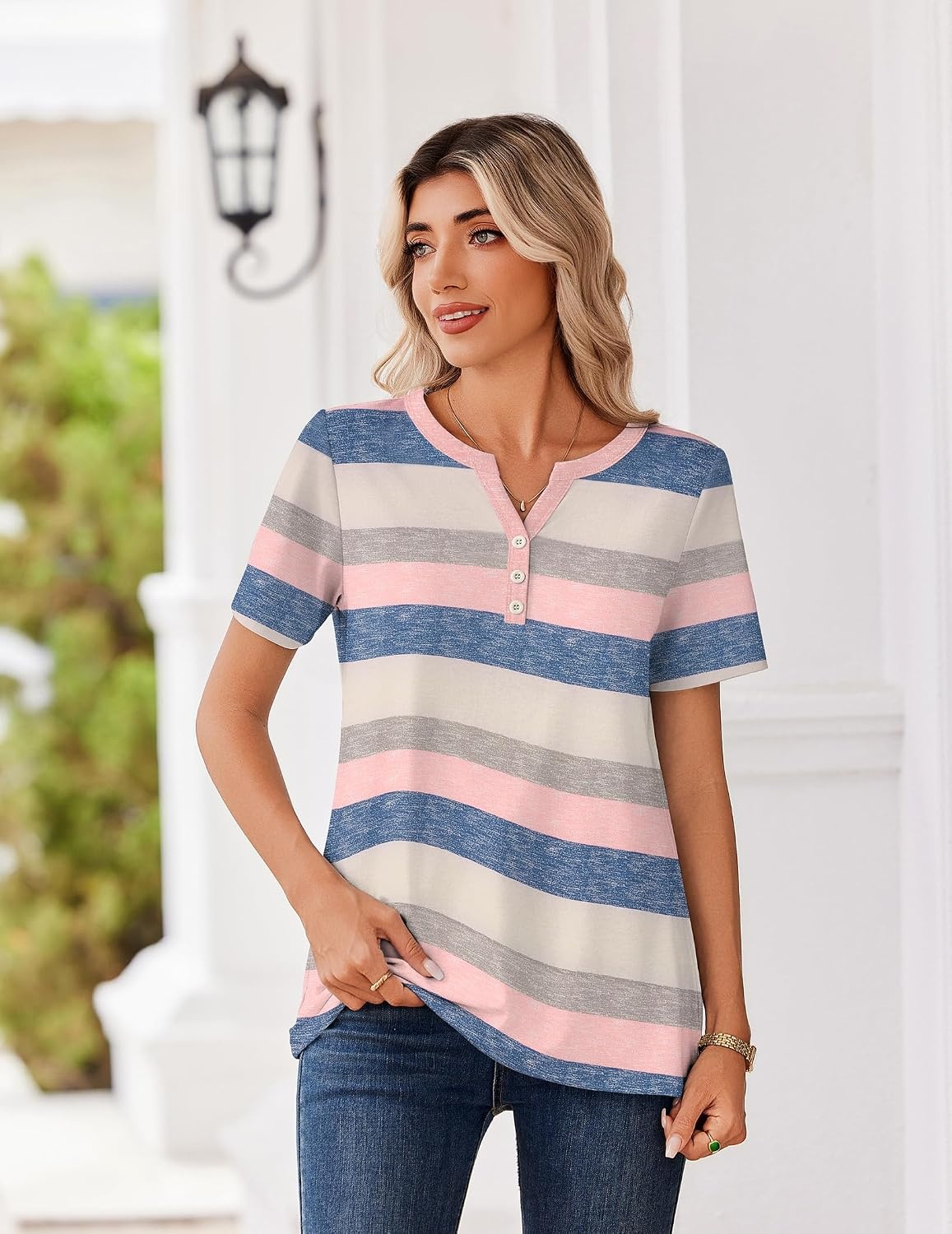 image:imageZeagoo Womens Summer Tops V Neck Short Sleeve Shirts Dressy Casual BlouseStripedtw669