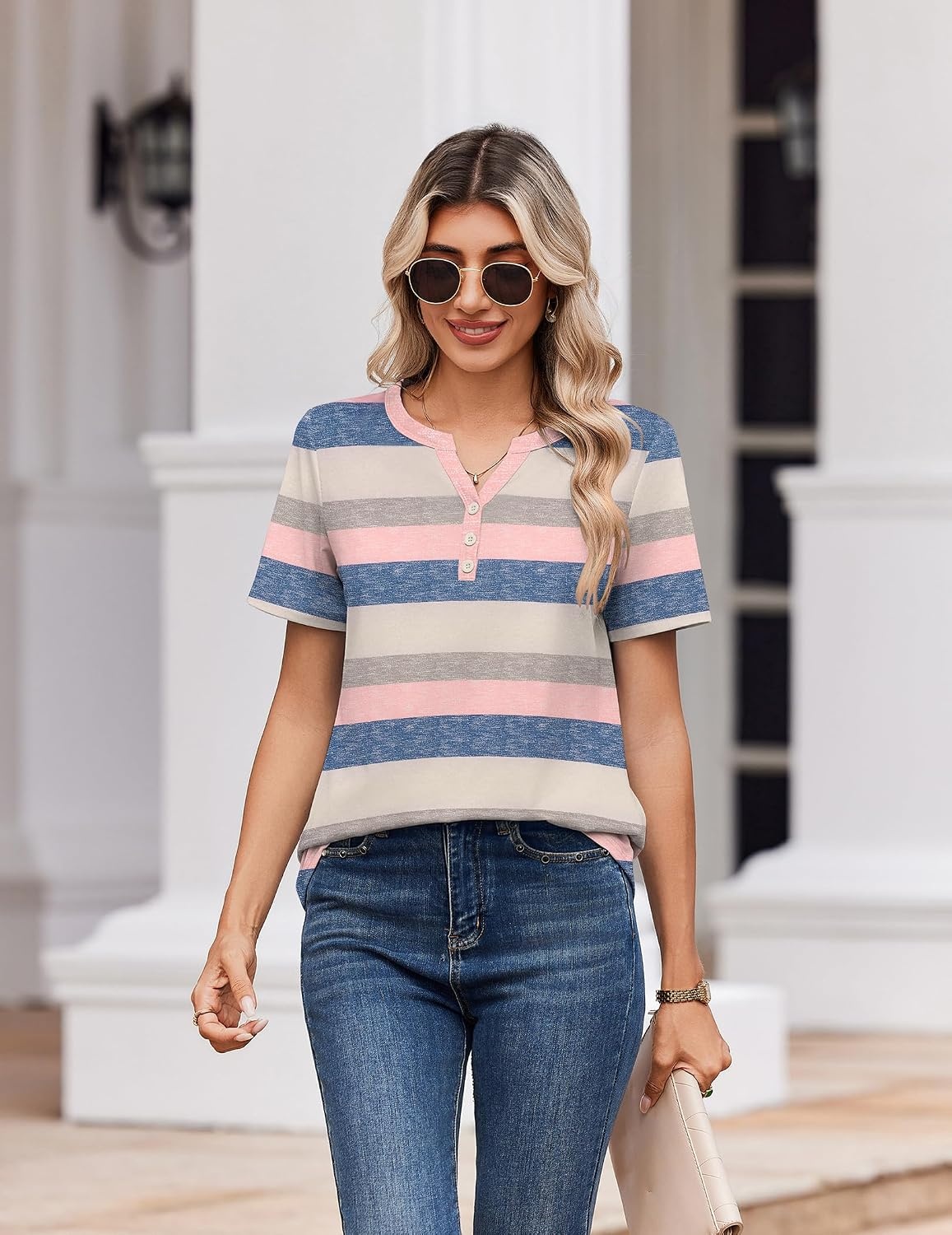 image:imageZeagoo Womens Summer Tops V Neck Short Sleeve Shirts Dressy Casual BlouseStripedtw669