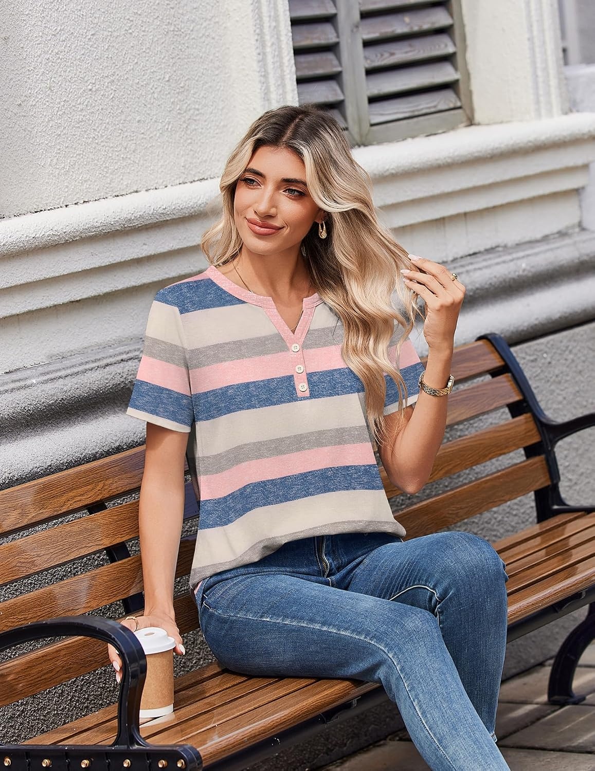 image:imageZeagoo Womens Summer Tops V Neck Short Sleeve Shirts Dressy Casual BlouseStripedtw669
