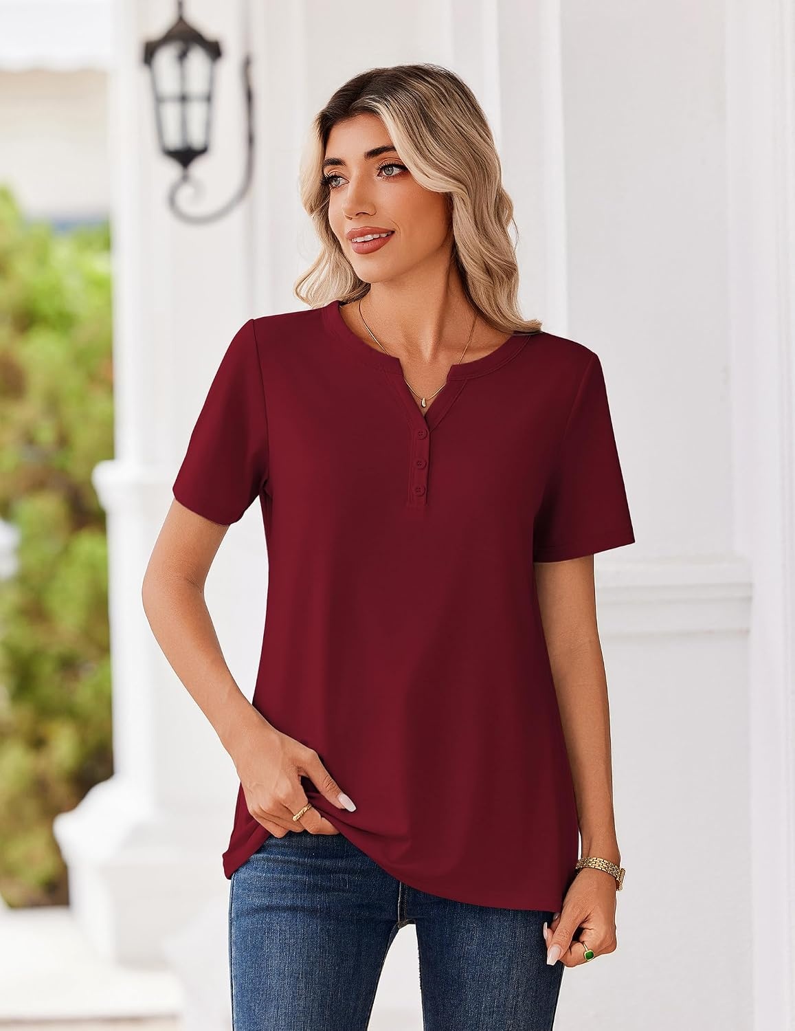 image:imageZeagoo Womens Summer Tops V Neck Short Sleeve Shirts Dressy Casual BlouseWine Red
