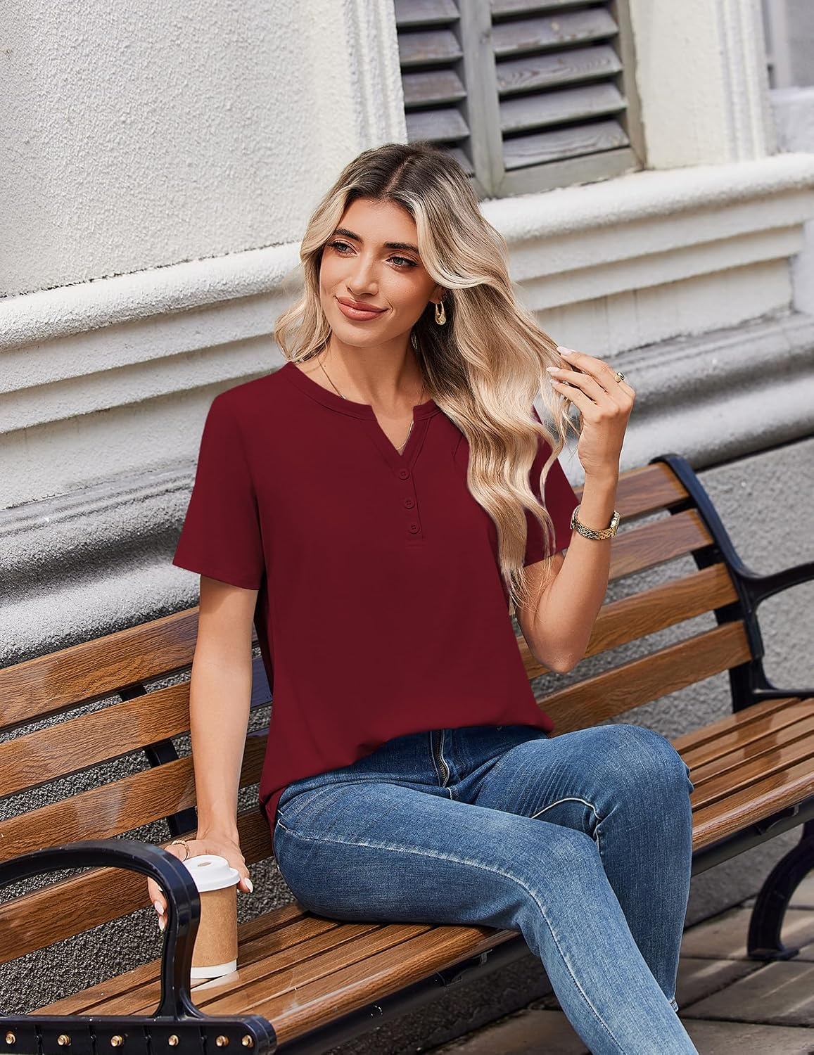 image:imageZeagoo Womens Summer Tops V Neck Short Sleeve Shirts Dressy Casual BlouseWine Red