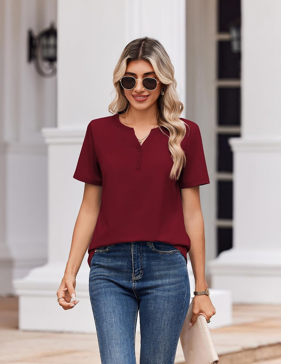 image:imageZeagoo Womens Summer Tops V Neck Short Sleeve Shirts Dressy Casual BlouseWine Red