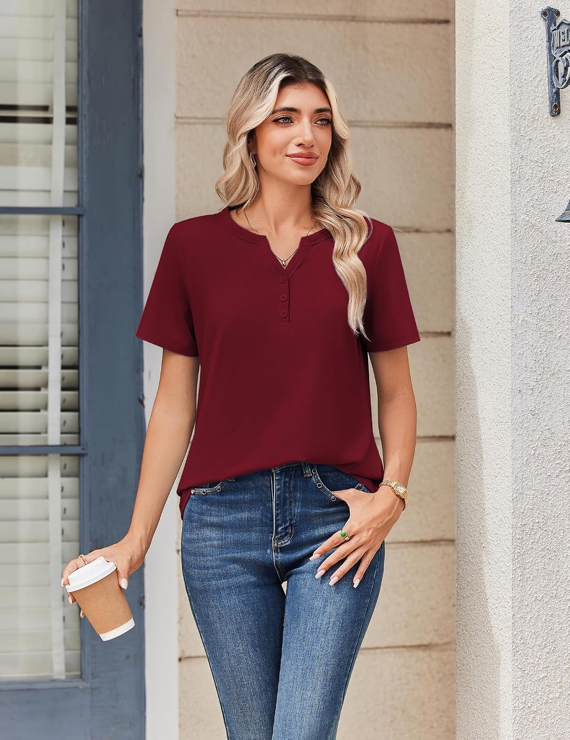 image:imageZeagoo Womens Summer Tops V Neck Short Sleeve Shirts Dressy Casual BlouseWine Red