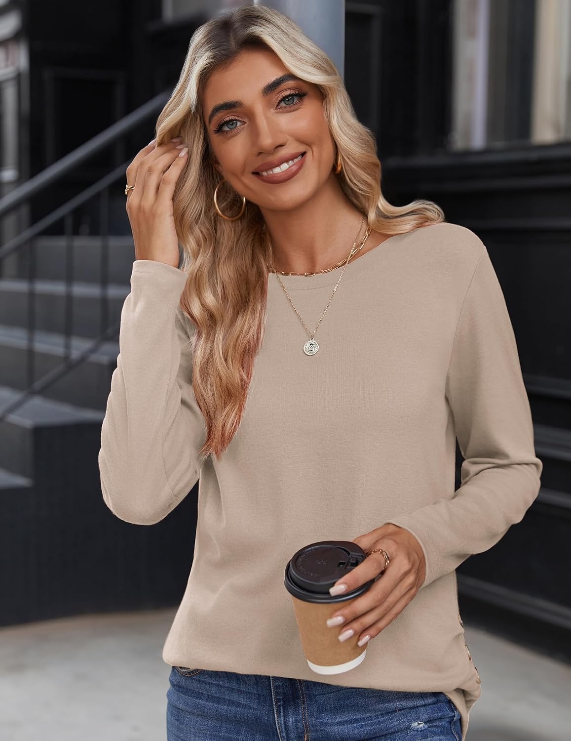image:imageZeagoo Womens Tops 2025 Long Sleeve Shirts for Fall Round Neck Blouses Floral Tunic Tops with Buttons DecorBeige
