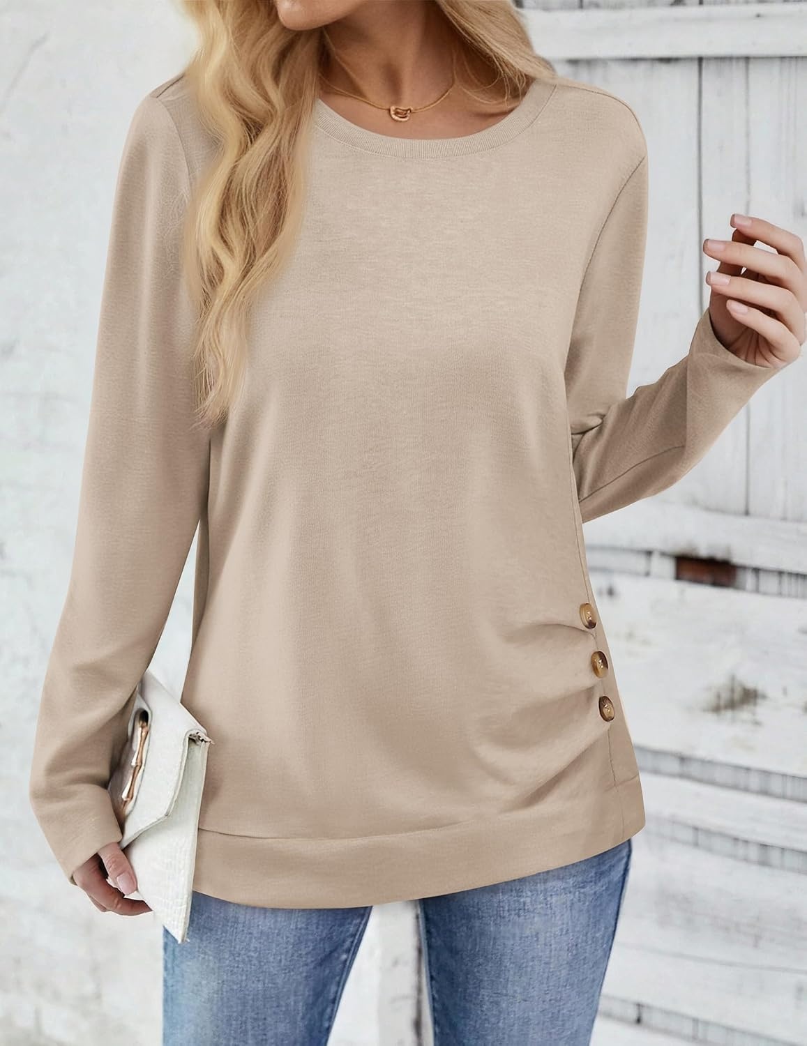 image:imageZeagoo Womens Tops 2025 Long Sleeve Shirts for Fall Round Neck Blouses Floral Tunic Tops with Buttons DecorBeige