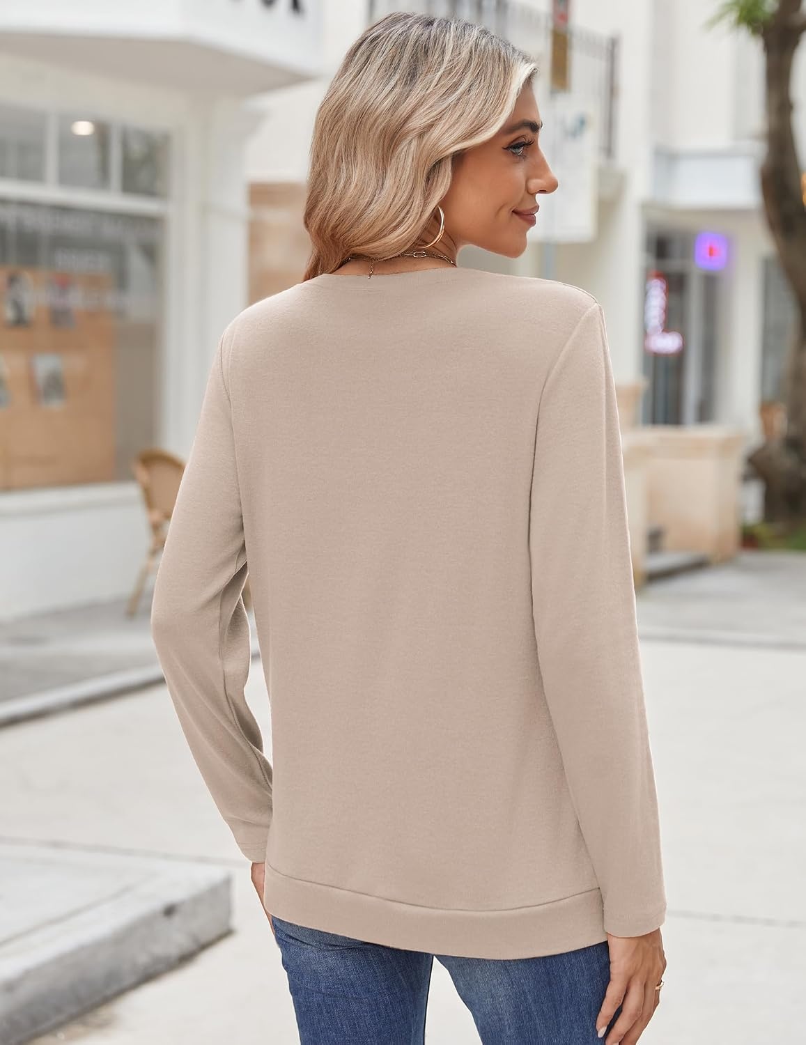 image:imageZeagoo Womens Tops 2025 Long Sleeve Shirts for Fall Round Neck Blouses Floral Tunic Tops with Buttons DecorBeige
