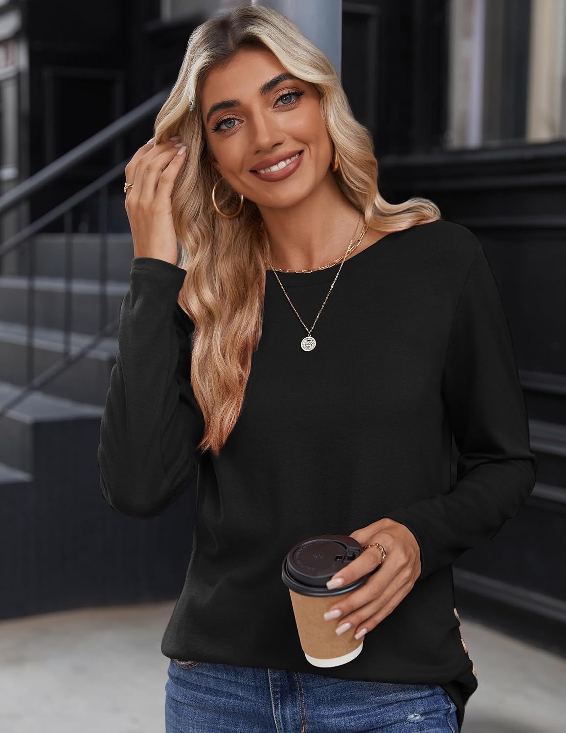image:imageZeagoo Womens Tops 2025 Long Sleeve Shirts for Fall Round Neck Blouses Floral Tunic Tops with Buttons DecorBlack