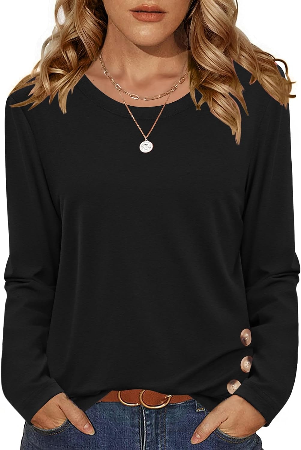 image:imageZeagoo Womens Tops 2025 Long Sleeve Shirts for Fall Round Neck Blouses Floral Tunic Tops with Buttons DecorBlack