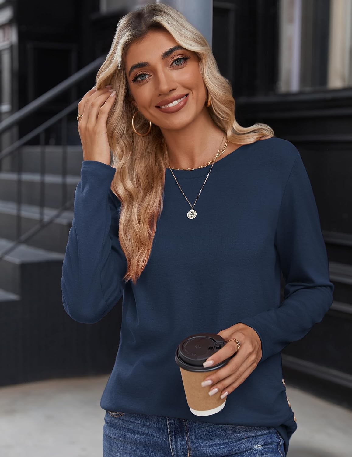 image:imageZeagoo Womens Tops 2025 Long Sleeve Shirts for Fall Round Neck Blouses Floral Tunic Tops with Buttons DecorBlue
