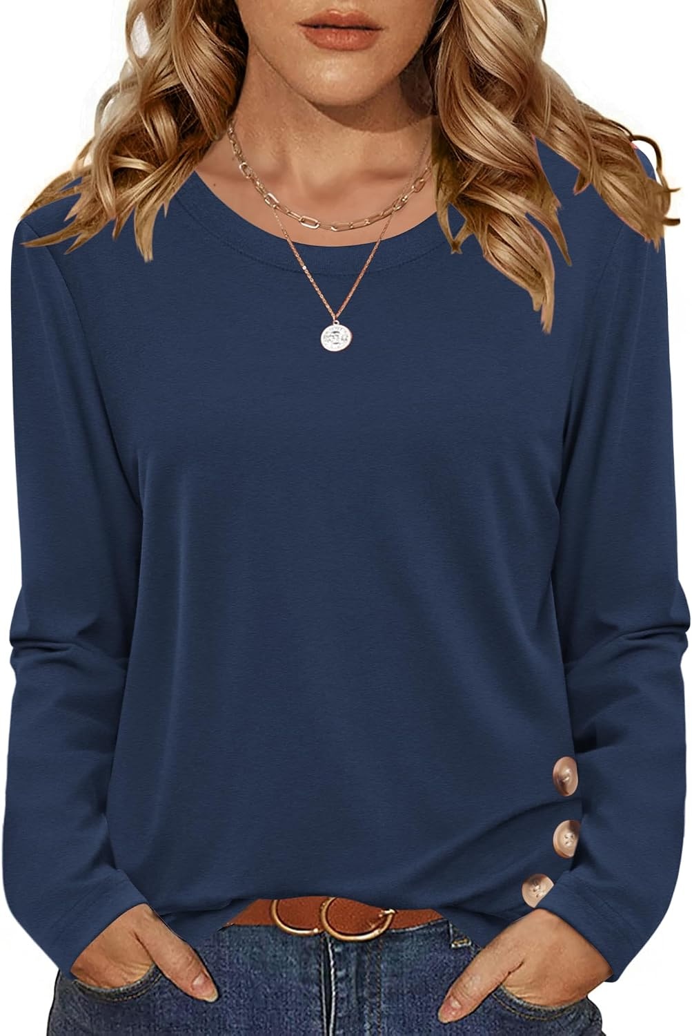 image:imageZeagoo Womens Tops 2025 Long Sleeve Shirts for Fall Round Neck Blouses Floral Tunic Tops with Buttons DecorBlue