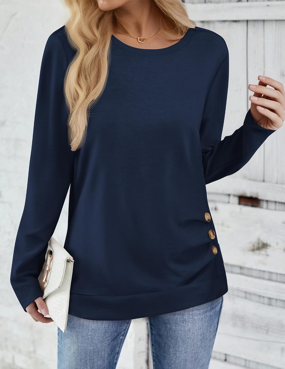 image:imageZeagoo Womens Tops 2025 Long Sleeve Shirts for Fall Round Neck Blouses Floral Tunic Tops with Buttons DecorBlue