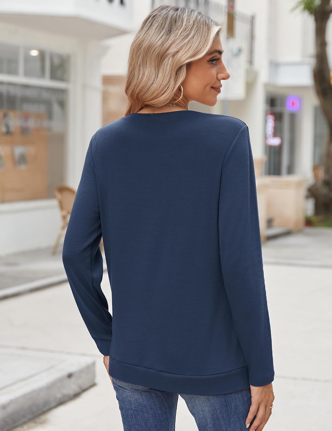 image:imageZeagoo Womens Tops 2025 Long Sleeve Shirts for Fall Round Neck Blouses Floral Tunic Tops with Buttons DecorBlue