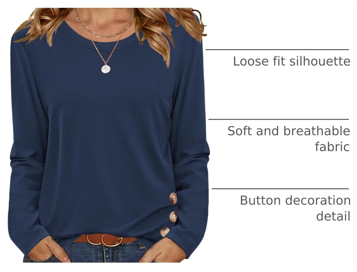 image:imageZeagoo Womens Tops 2025 Long Sleeve Shirts for Fall Round Neck Blouses Floral Tunic Tops with Buttons DecorBlue