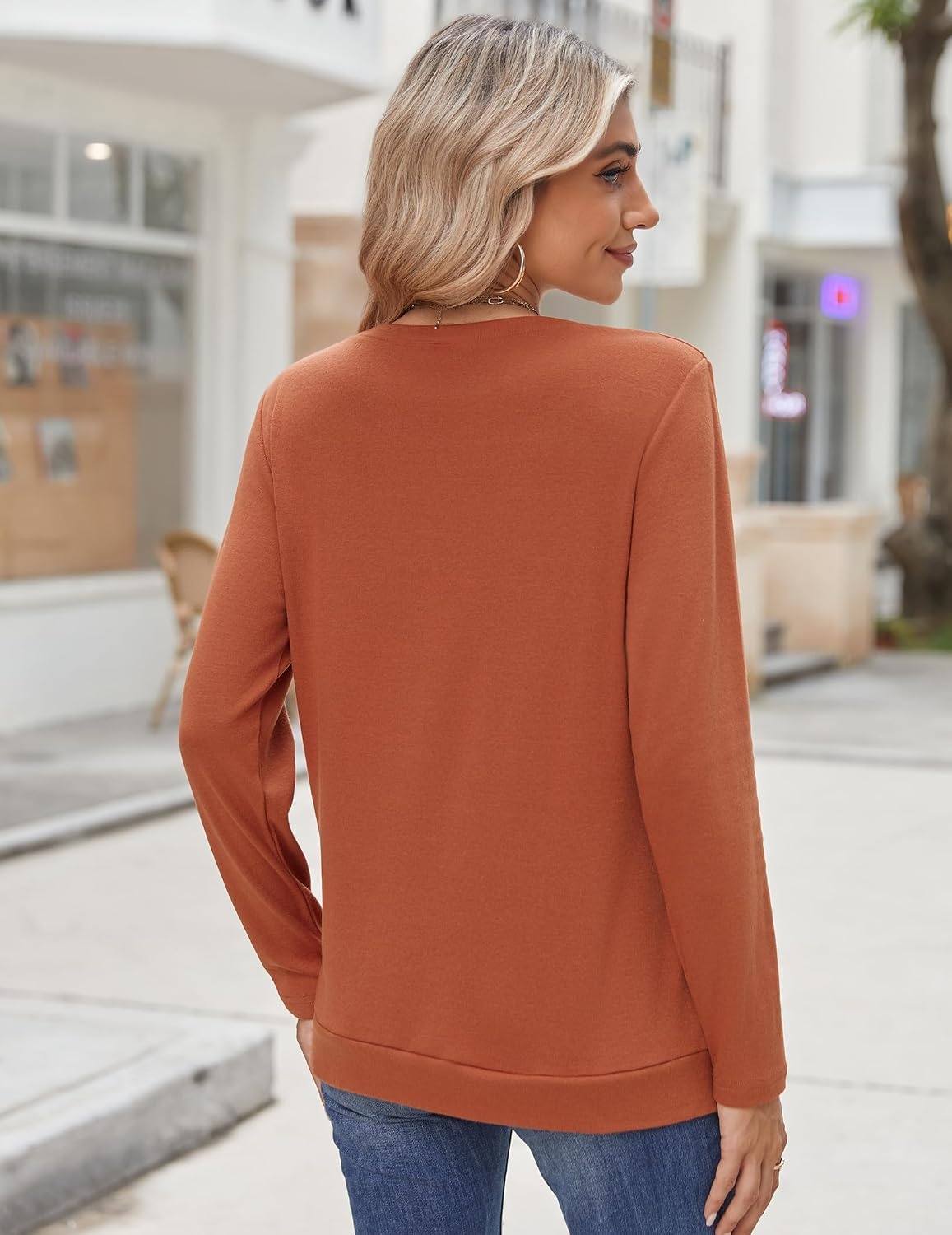 image:imageZeagoo Womens Tops 2025 Long Sleeve Shirts for Fall Round Neck Blouses Floral Tunic Tops with Buttons DecorCaramel