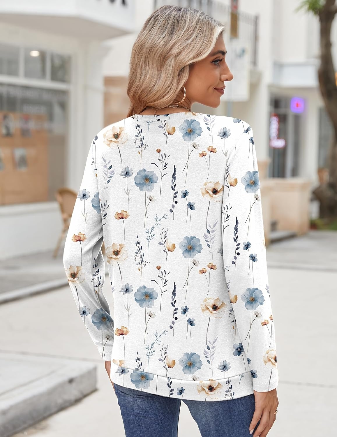 image:imageZeagoo Womens Tops 2025 Long Sleeve Shirts for Fall Round Neck Blouses Floral Tunic Tops with Buttons DecorFloral112