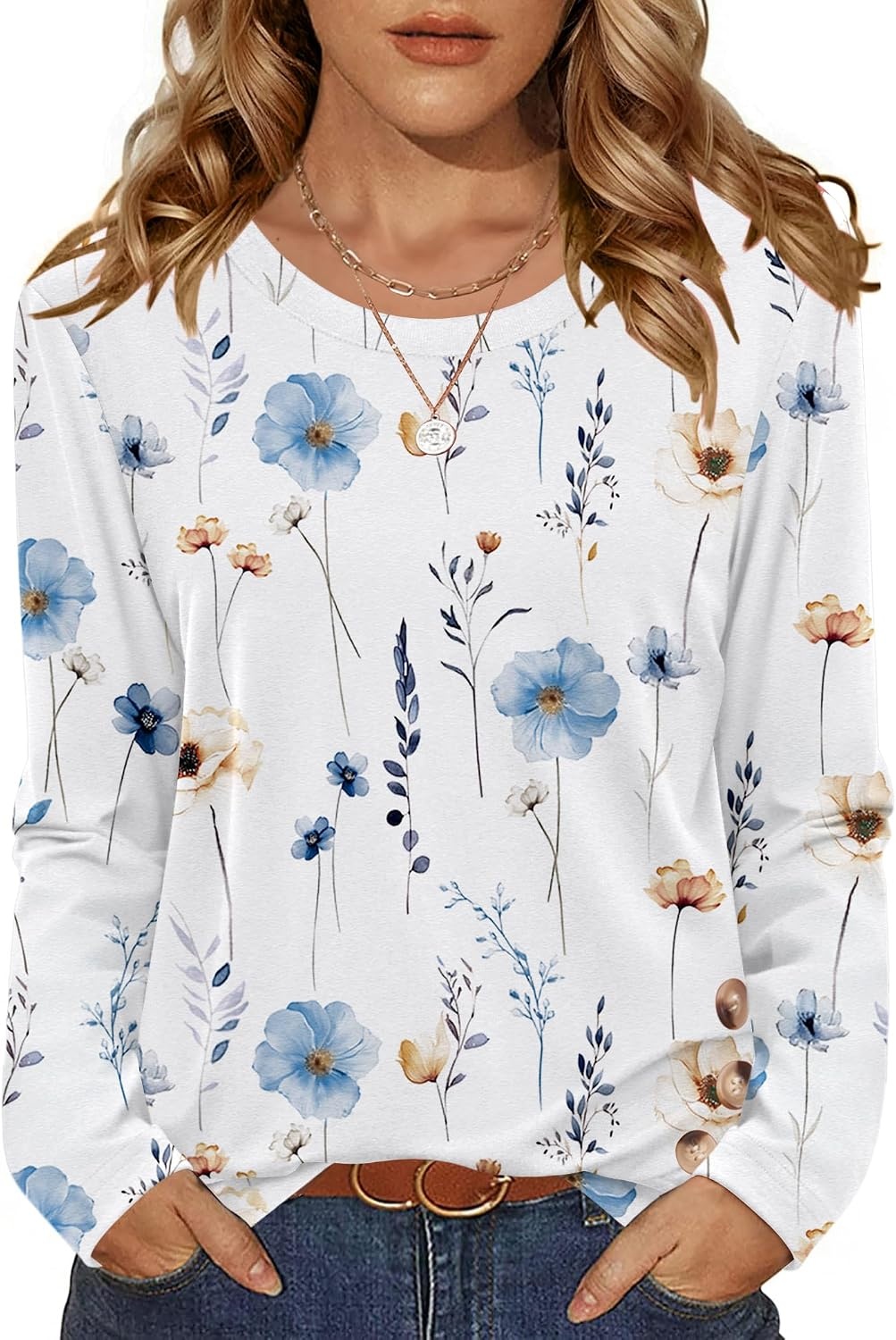 image:imageZeagoo Womens Tops 2025 Long Sleeve Shirts for Fall Round Neck Blouses Floral Tunic Tops with Buttons DecorFloral112