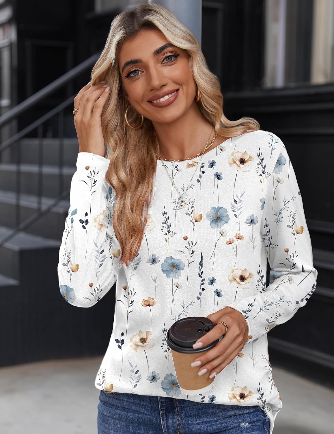 image:imageZeagoo Womens Tops 2025 Long Sleeve Shirts for Fall Round Neck Blouses Floral Tunic Tops with Buttons DecorFloral112