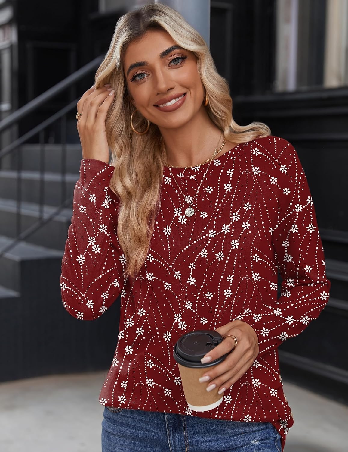 image:imageZeagoo Womens Tops 2025 Long Sleeve Shirts for Fall Round Neck Blouses Floral Tunic Tops with Buttons DecorFloral140