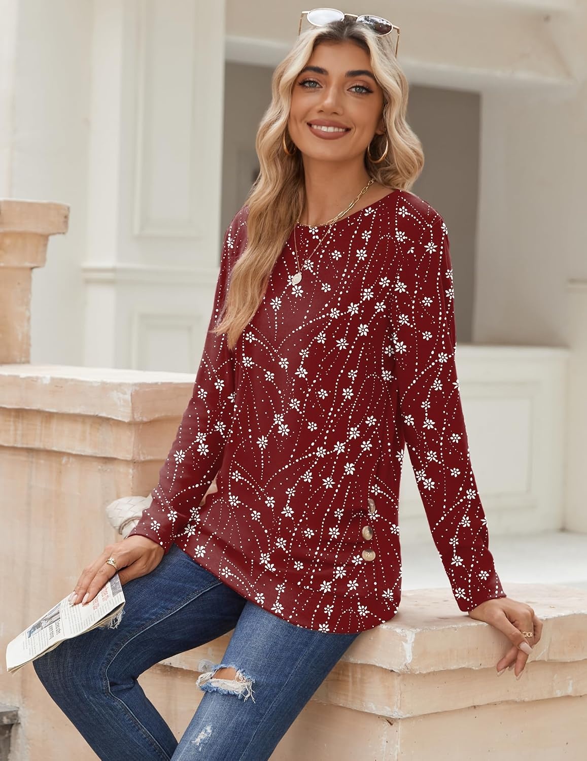 image:imageZeagoo Womens Tops 2025 Long Sleeve Shirts for Fall Round Neck Blouses Floral Tunic Tops with Buttons DecorFloral140