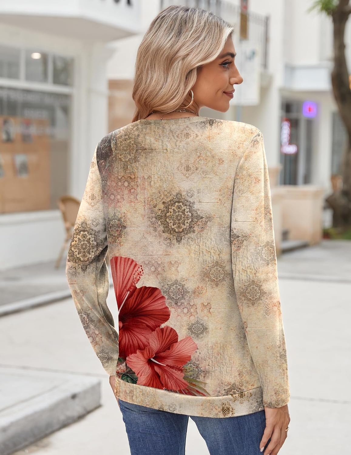 image:imageZeagoo Womens Tops 2025 Long Sleeve Shirts for Fall Round Neck Blouses Floral Tunic Tops with Buttons DecorFloral275