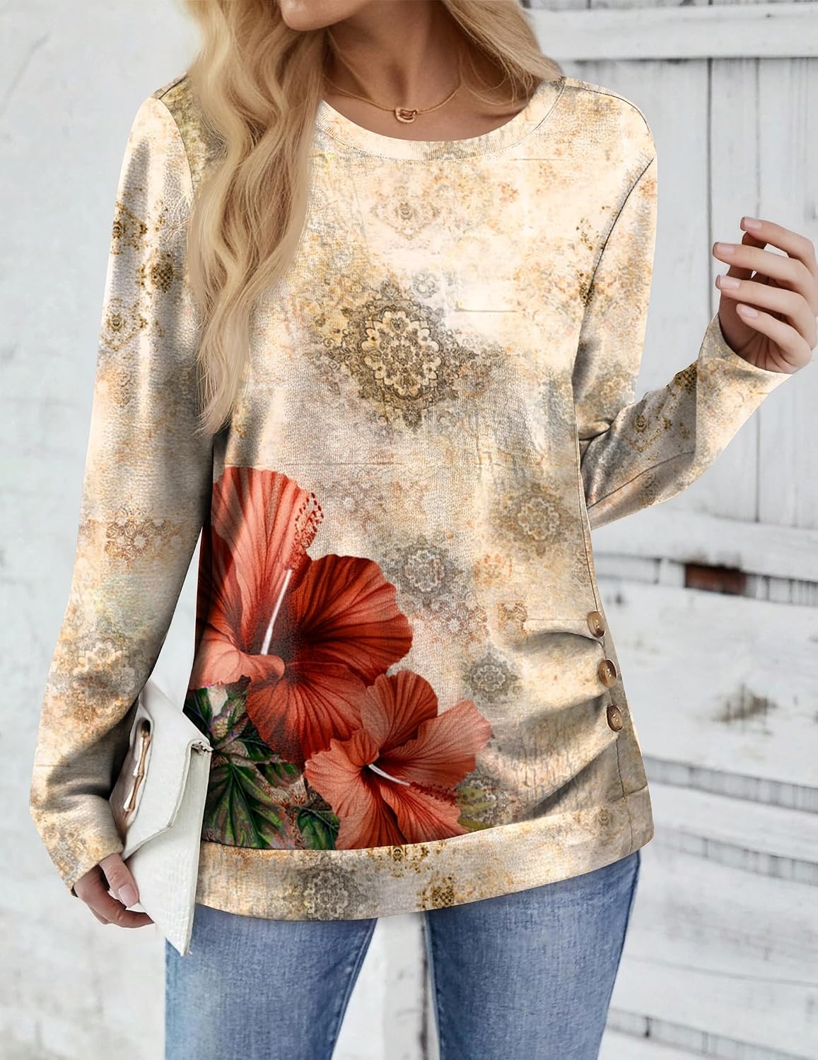 image:imageZeagoo Womens Tops 2025 Long Sleeve Shirts for Fall Round Neck Blouses Floral Tunic Tops with Buttons DecorFloral275