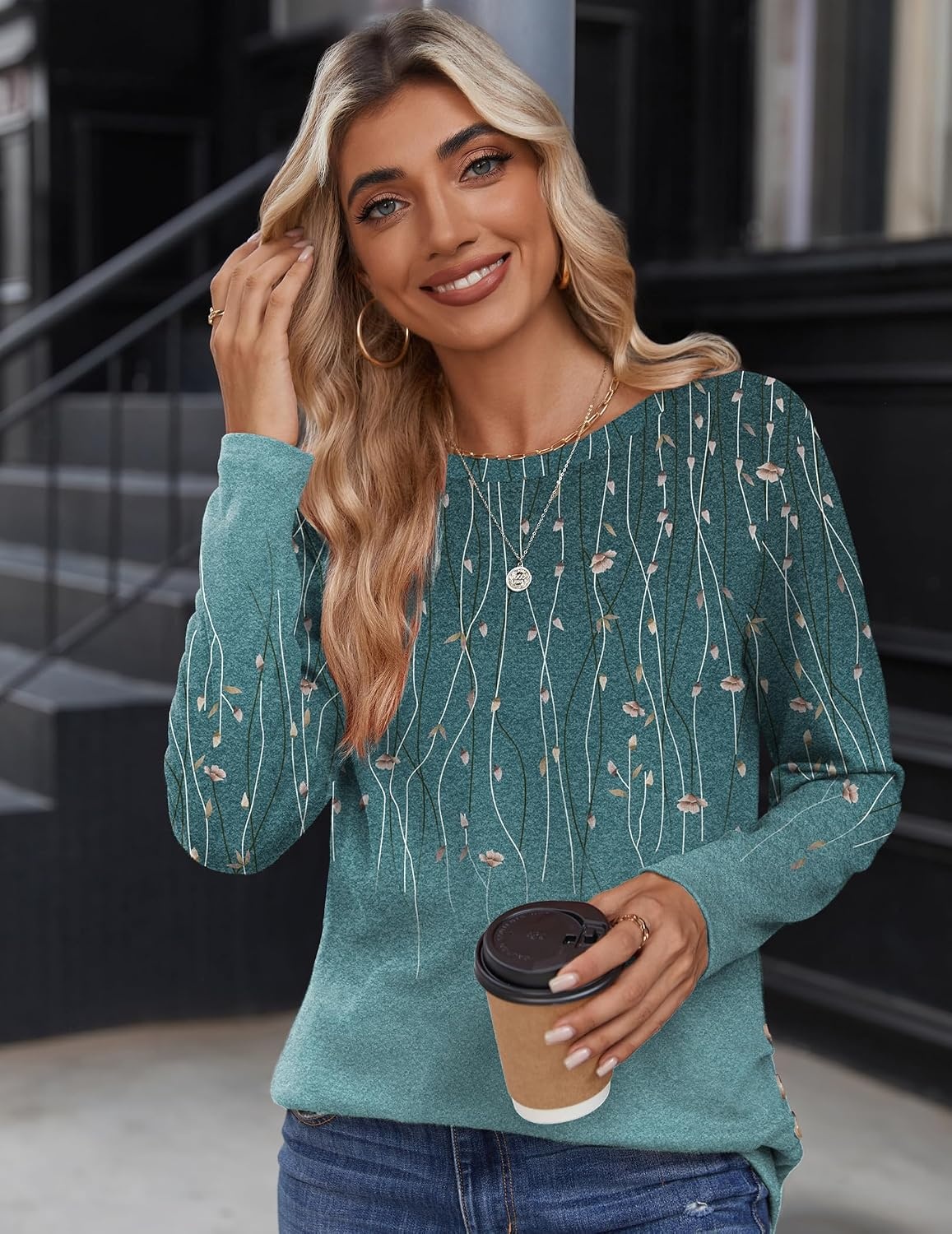 image:imageZeagoo Womens Tops 2025 Long Sleeve Shirts for Fall Round Neck Blouses Floral Tunic Tops with Buttons DecorFloral363