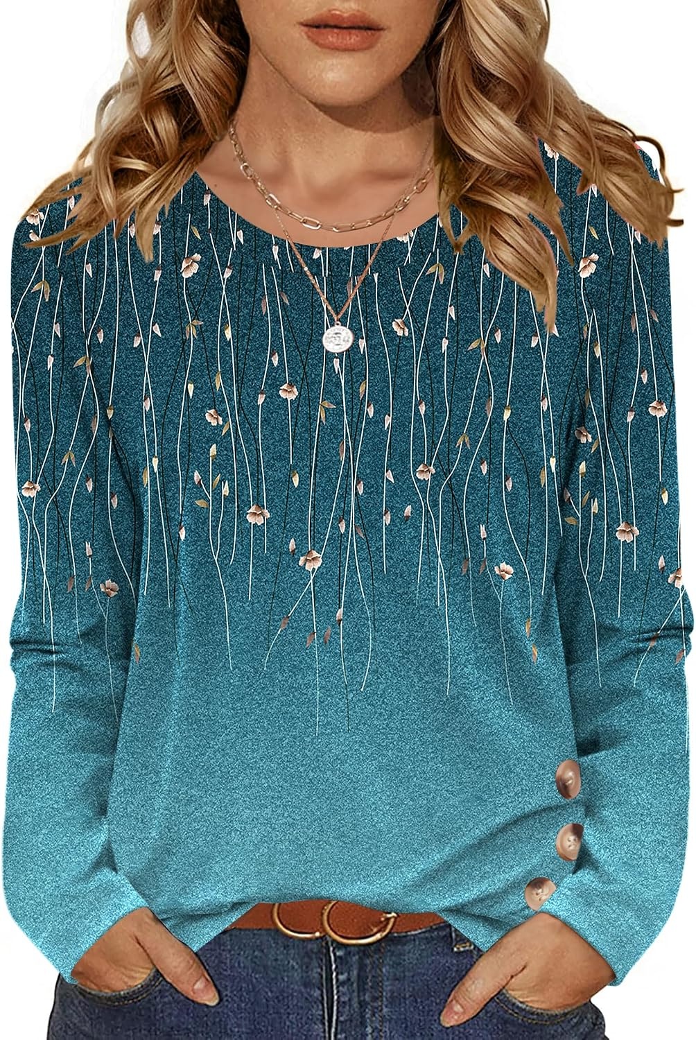 image:imageZeagoo Womens Tops 2025 Long Sleeve Shirts for Fall Round Neck Blouses Floral Tunic Tops with Buttons DecorFloral363
