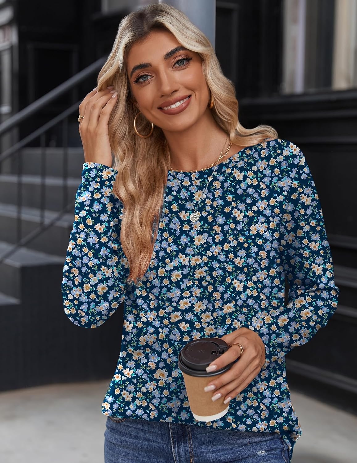 image:imageZeagoo Womens Tops 2025 Long Sleeve Shirts for Fall Round Neck Blouses Floral Tunic Tops with Buttons DecorFloral369