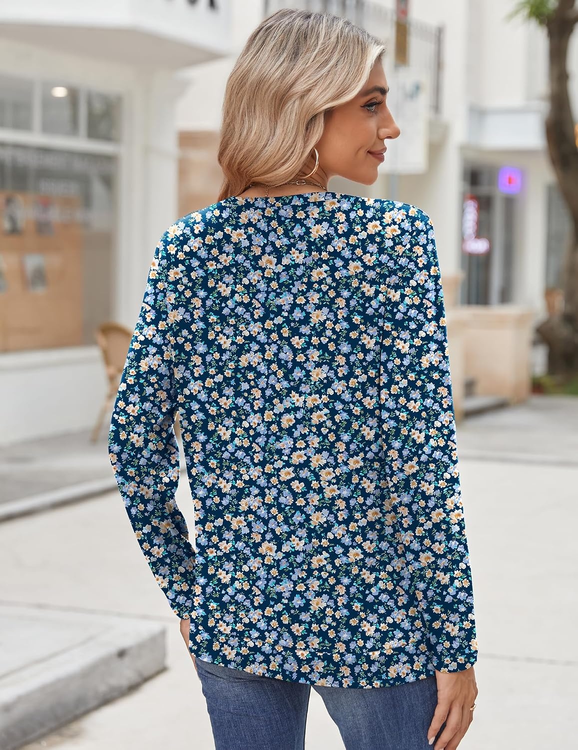 image:imageZeagoo Womens Tops 2025 Long Sleeve Shirts for Fall Round Neck Blouses Floral Tunic Tops with Buttons DecorFloral369