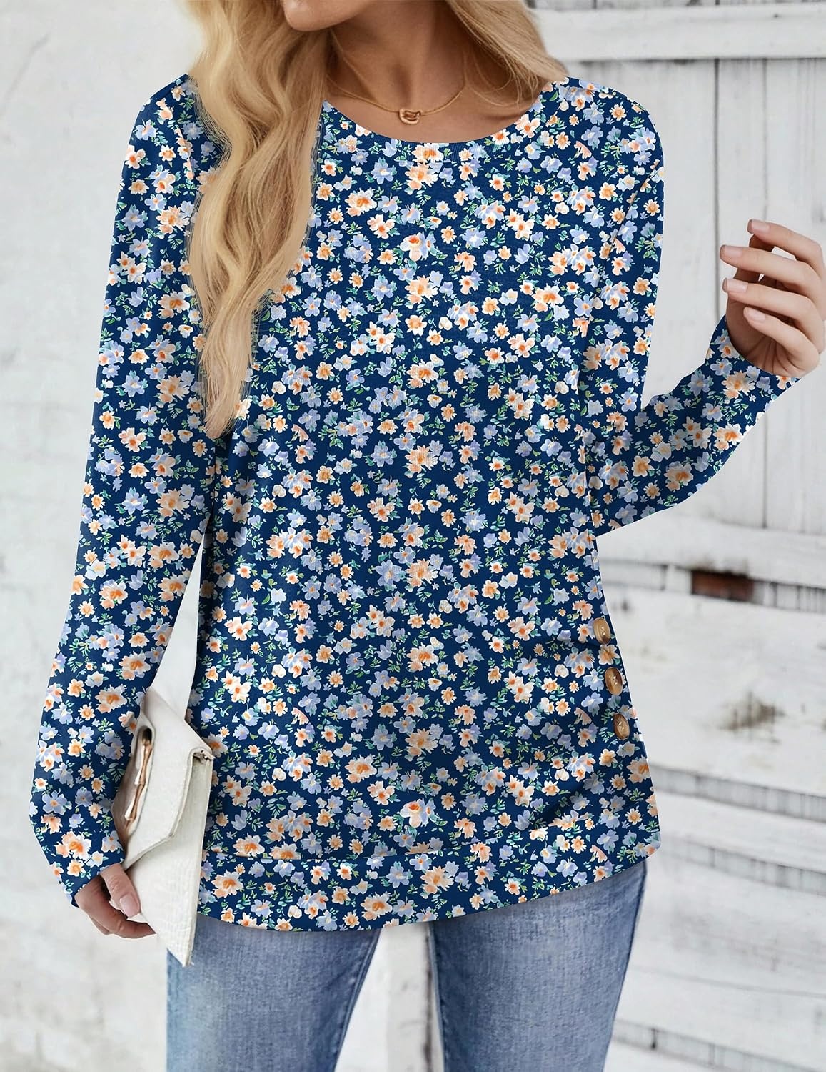 image:imageZeagoo Womens Tops 2025 Long Sleeve Shirts for Fall Round Neck Blouses Floral Tunic Tops with Buttons DecorFloral369