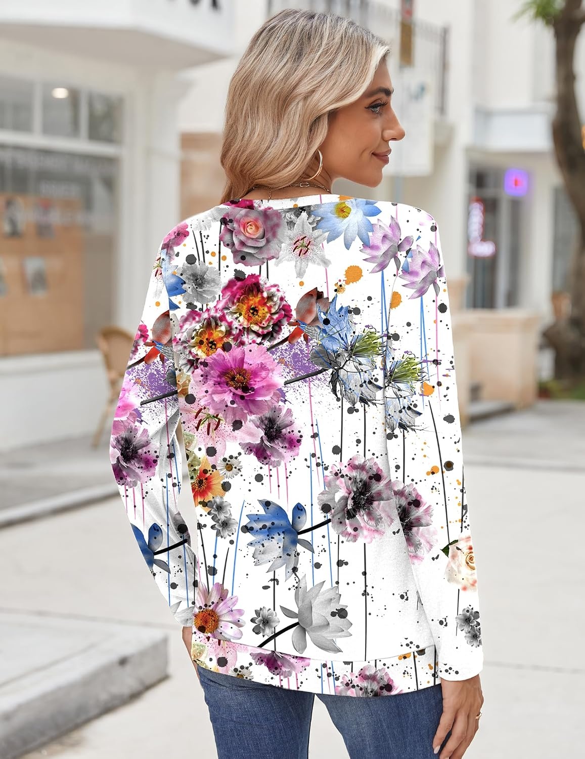 image:imageZeagoo Womens Tops 2025 Long Sleeve Shirts for Fall Round Neck Blouses Floral Tunic Tops with Buttons DecorFloral50