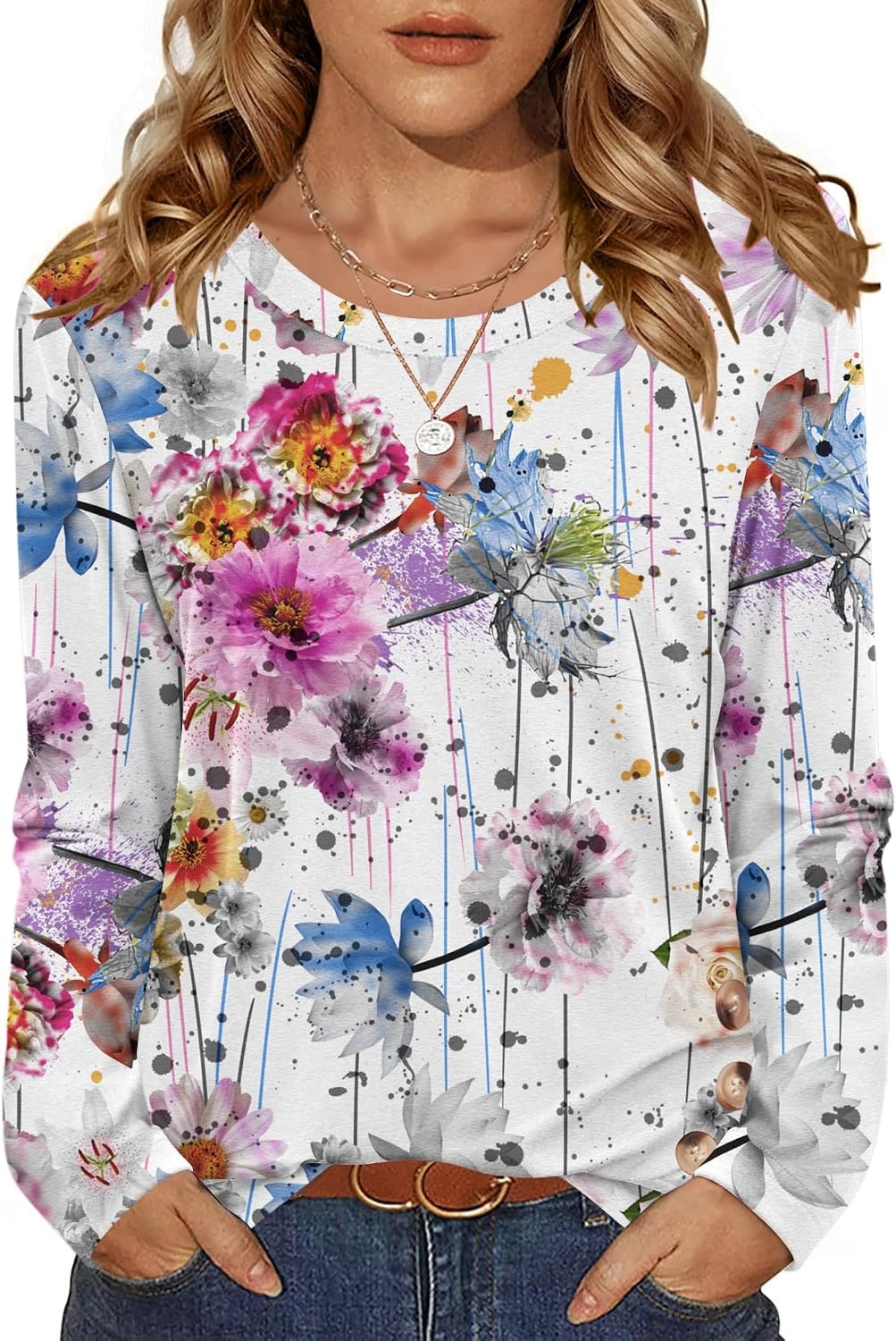 image:imageZeagoo Womens Tops 2025 Long Sleeve Shirts for Fall Round Neck Blouses Floral Tunic Tops with Buttons DecorFloral50