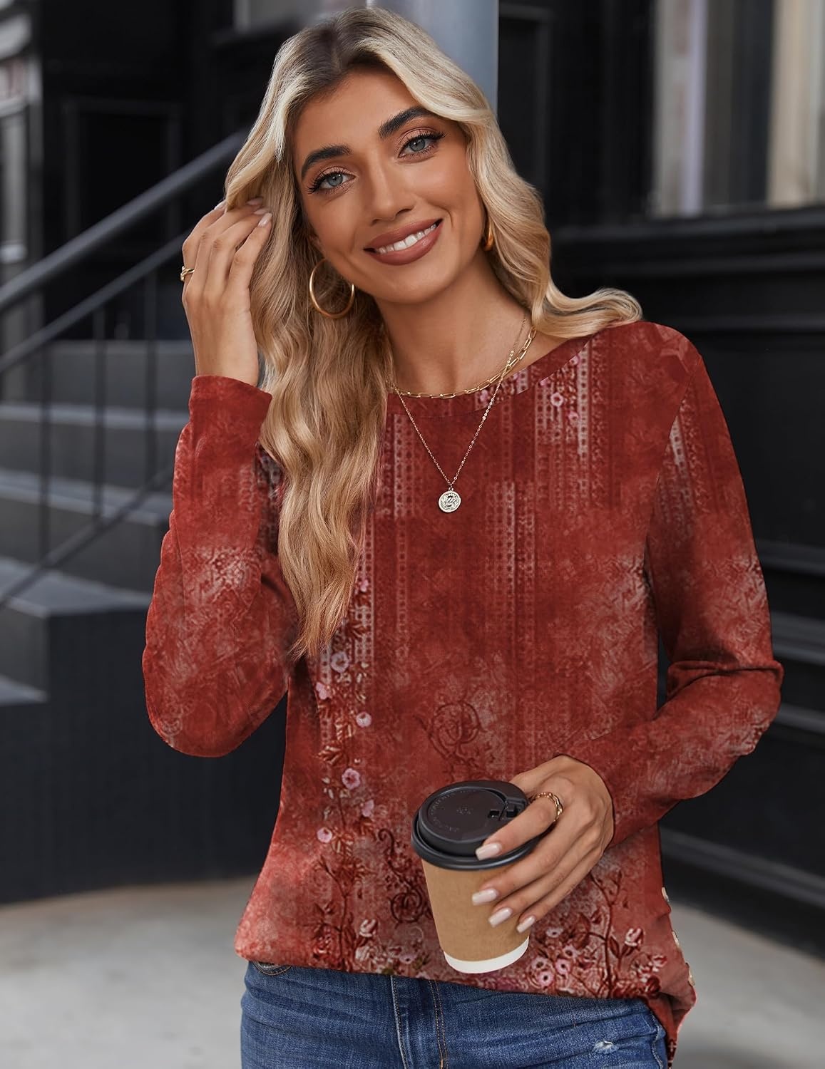 image:imageZeagoo Womens Tops 2025 Long Sleeve Shirts for Fall Round Neck Blouses Floral Tunic Tops with Buttons DecorFloral766