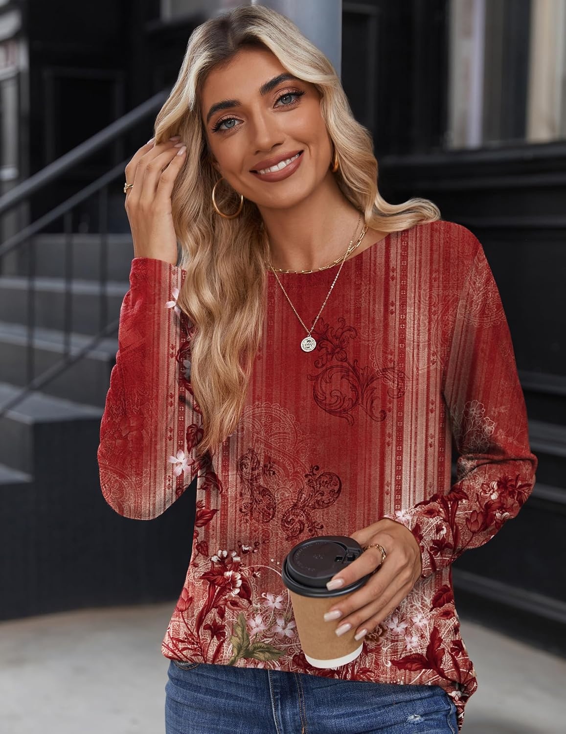image:imageZeagoo Womens Tops 2025 Long Sleeve Shirts for Fall Round Neck Blouses Floral Tunic Tops with Buttons DecorFloral766