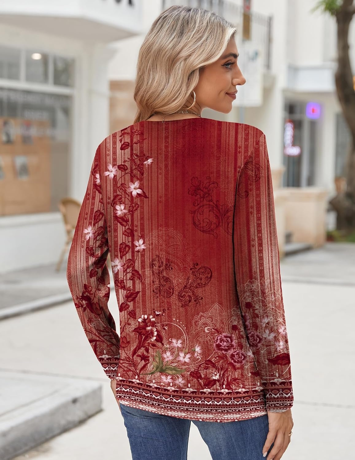 image:imageZeagoo Womens Tops 2025 Long Sleeve Shirts for Fall Round Neck Blouses Floral Tunic Tops with Buttons DecorFloral766