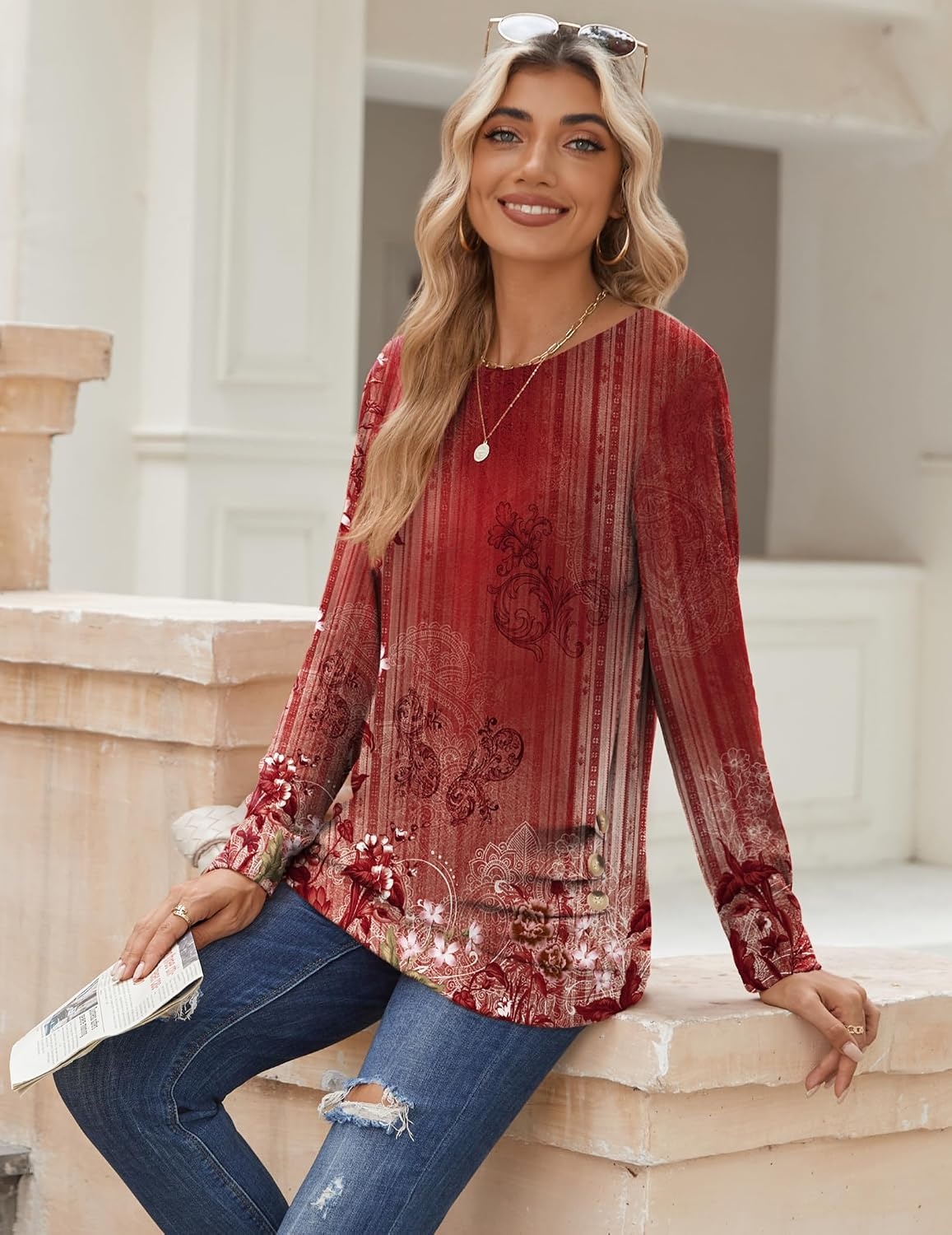image:imageZeagoo Womens Tops 2025 Long Sleeve Shirts for Fall Round Neck Blouses Floral Tunic Tops with Buttons DecorFloral766